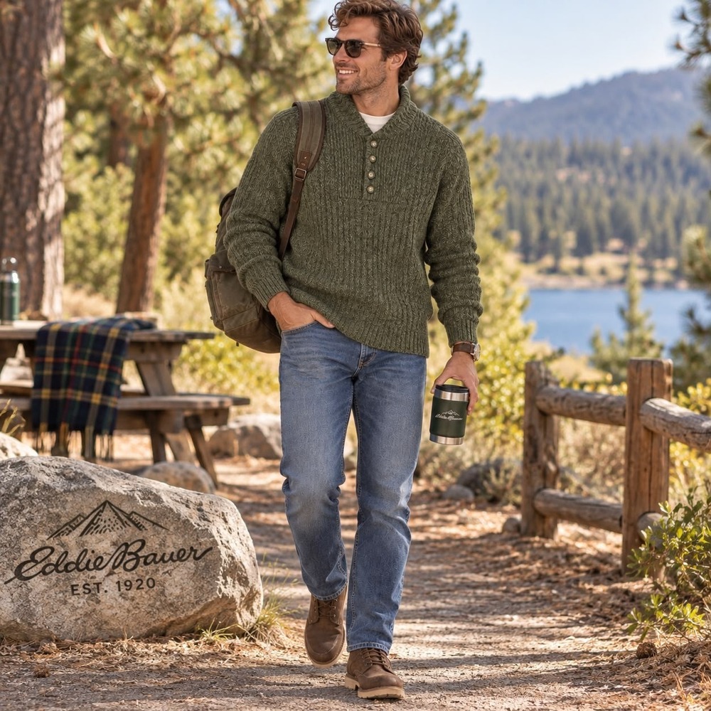 EDDIE BAUER Men's LARGE Sweater VINTAGE Green Henley Rib Fisherman HONG KONG